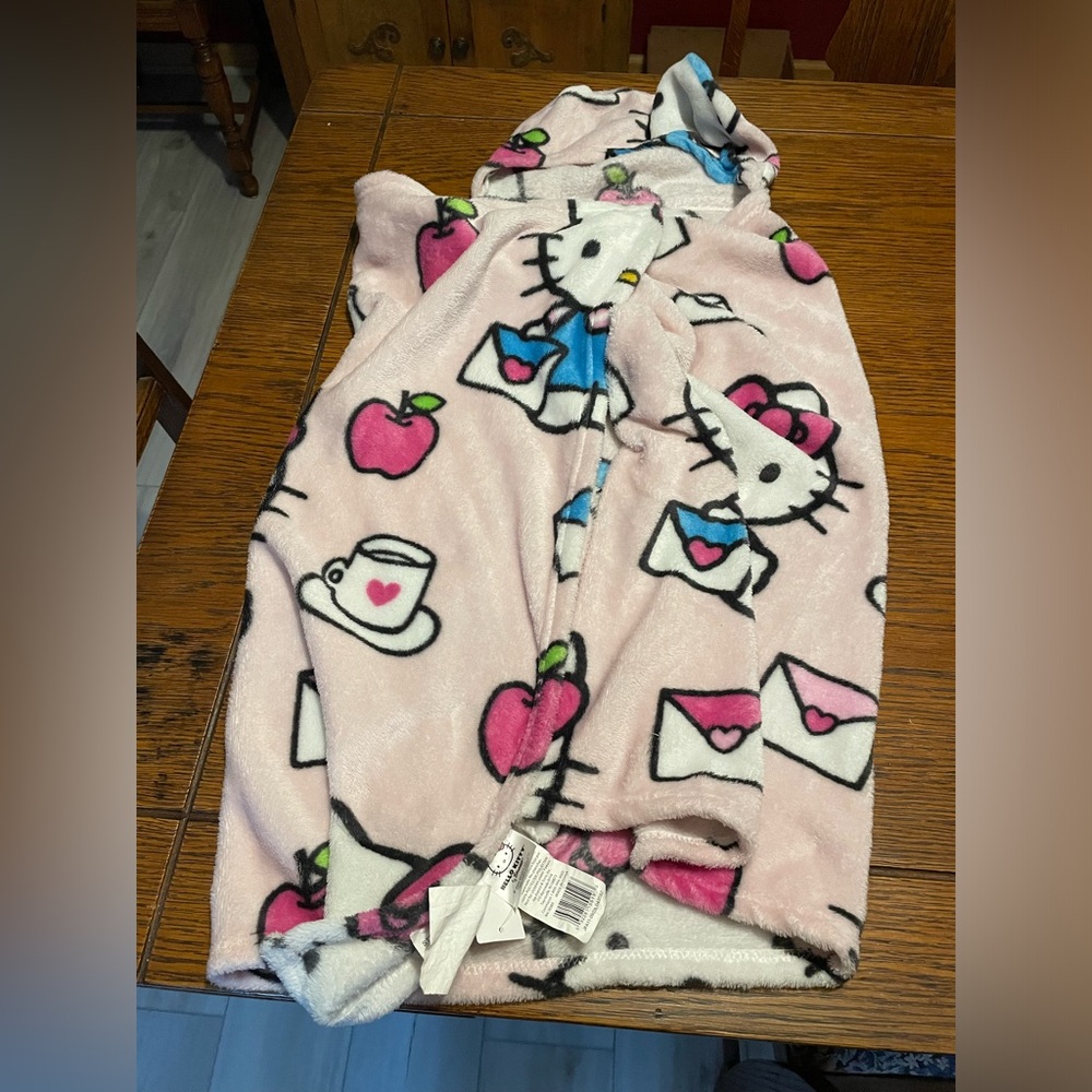 Hello Kitty Pink Hooded Fleece Kids Robe with Heart & Apple Prints